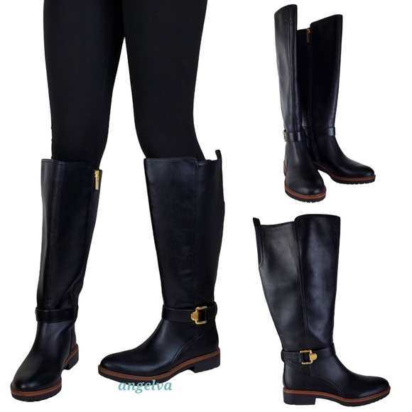 New Tommy Hilfiger frankly wide calf faux leather riding boots black gold wide - Picture 2 of 14